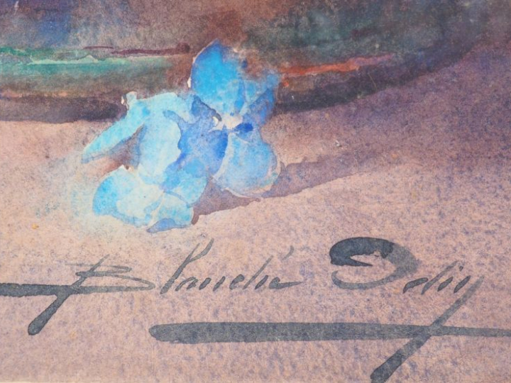 Blanche ODIN. 'Hortensias bleus et arrosoir en cuivre rouge'. Aquarell