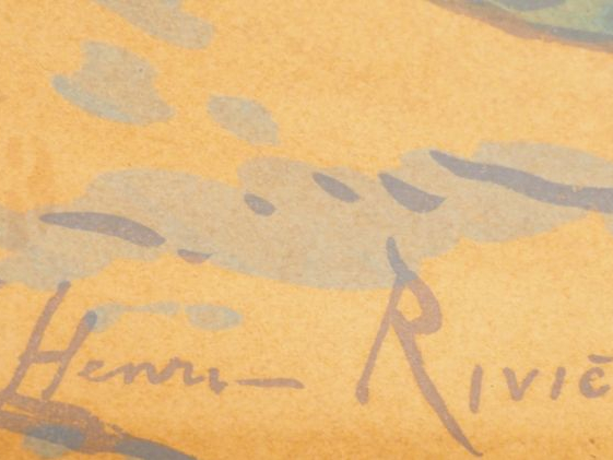 Henri RIVIERE.  "Paysanne en bord de rivière en bretagne". Lithographi