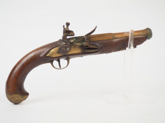 Vente aux enchères Fort pistolet à silex époque Louis XV, arme montée bronze, tube bronze