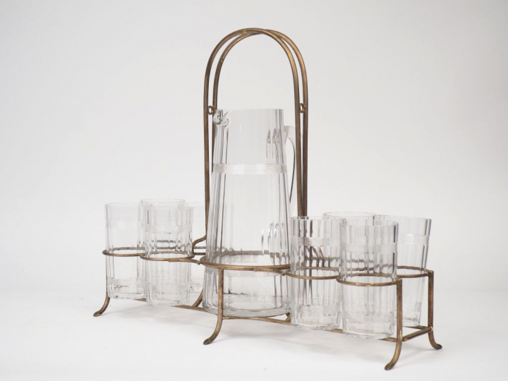 Service à orangeade de style Art déco en cristal avec son présentoir e