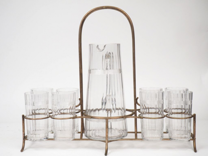 Service à orangeade de style Art déco en cristal avec son présentoir e