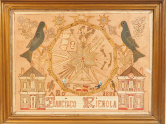 Vente aux enchères Fransisco RIEROLA Chef d'oeuvre de compagnon XIXème.  Soie brodée à dé