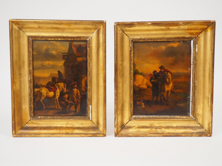 Ecole française début XIXème "Cavaliers" Paire d'huiles sur panneaux. 