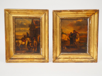 Vente aux enchères Ecole française début XIXème "Cavaliers" Paire d'huiles sur panneaux. 