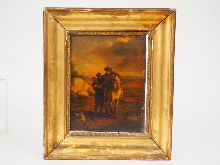 Ecole française début XIXème "Cavaliers" Paire d'huiles sur panneaux. 