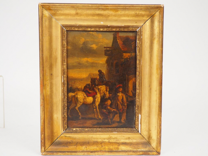 Ecole française début XIXème "Cavaliers" Paire d'huiles sur panneaux. 