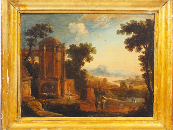 Ecole française XIXème  "Paysage animé" Huile sur toile. Signée en bas