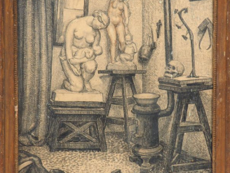Vente aux enchères Ecole française XXème  "L'atelier de sculpteur" Dessin au fusain. Sign