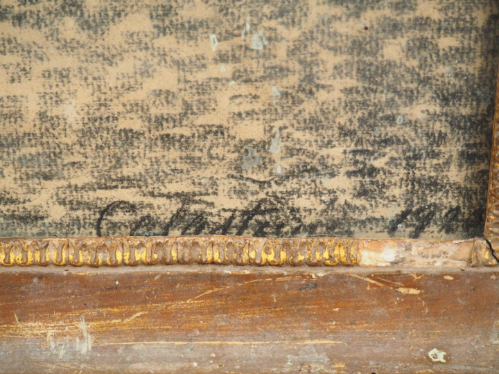 Ecole française XXème  "L'atelier de sculpteur" Dessin au fusain. Sign