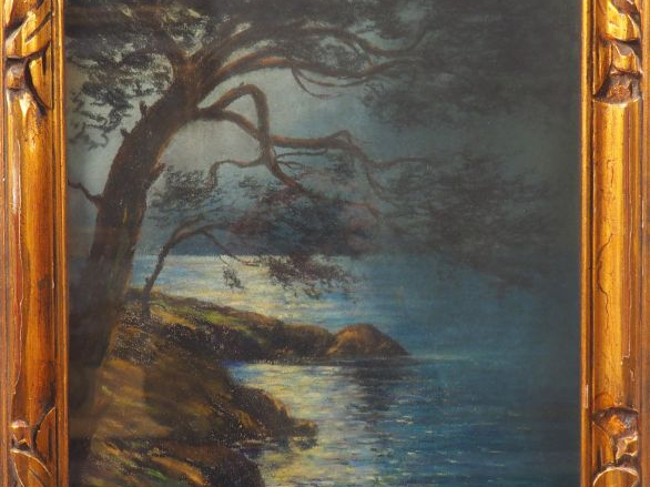 Ecole française début XXème "Côte rocheuse au clair de lune" Pastel.  