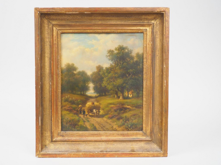 Ecole anglaise XIXème "Charrette de foins et paysans" Huile sur pannea