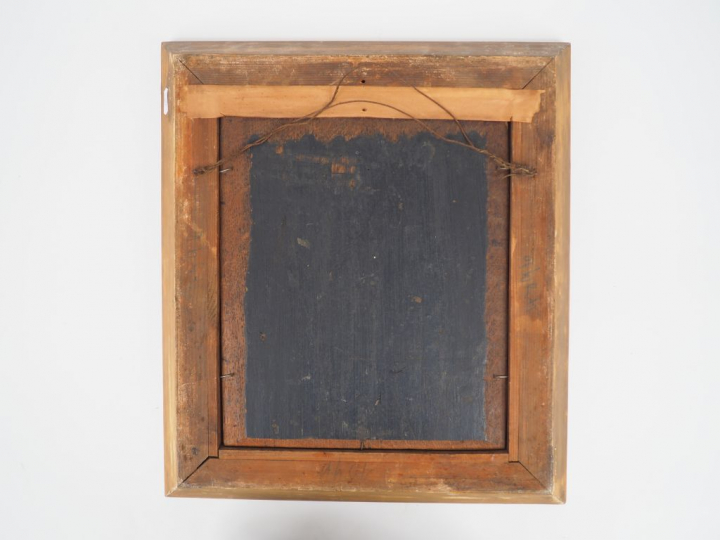 Ecole anglaise XIXème "Charrette de foins et paysans" Huile sur pannea