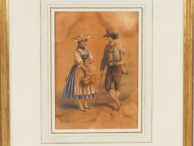 Ecole autrichienne XIXème  "La rencontre" Dessin. Signé en bas à droit