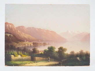 Vente aux enchères Ecole suisse XIXème  "Ville au bord d'un lac de montagne" Huile sur ca