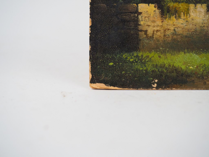 Ecole suisse XIXème  "Ville au bord d'un lac de montagne" Huile sur ca