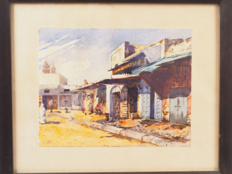 Vente aux enchères Ecole orientaliste XXème "Rabat, la médina" Aquarelle. Signée en bas à