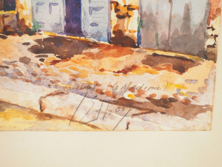 Ecole orientaliste XXème "Rabat, la médina" Aquarelle. Signée en bas à