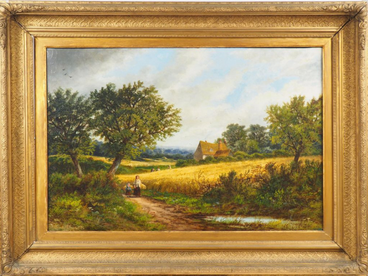 EDWARD A. ATKYNS.  "Paysans cheminant à travers champs" Huile sur toil