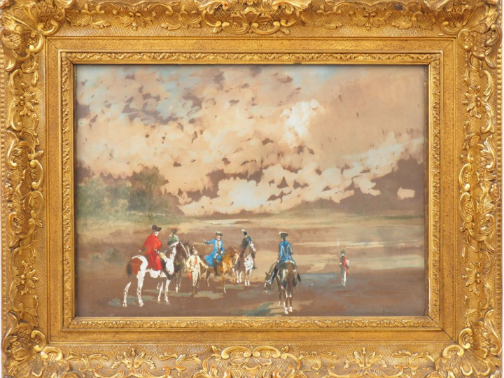John Louis BROWN  "Scène animée aux chasseurs" Aquarelle gouachée. Sig
