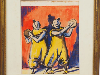 Vente aux enchères Arthur FILLON "Les clowns" Aquarelle. Dim à vue : 24 x 19,5 cm