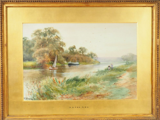 Vente aux enchères H. C. FOX  "Bord de fleuve animé" Aquarelle. Signée en bas à gauche et