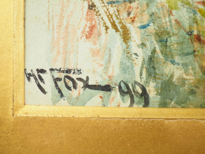 H. C. FOX  "Bord de fleuve animé" Aquarelle. Signée en bas à gauche et