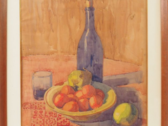 Vente aux enchères Marcel LENOIR  "Nature morte à la bouteille" Aquarelle. Signée en bas 