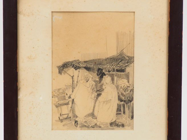 P. J. LETAUDY  "Conversation dans le souk" Dessin au crayon. Signé en 