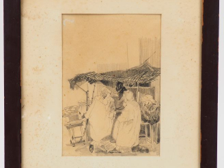 Vente aux enchères P. J. LETAUDY  "Conversation dans le souk" Dessin au crayon. Signé en 
