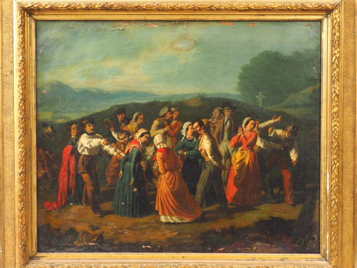 P. SEVERAC  "Bal champêtre" Huile sur toile. Signée en bas à droite et