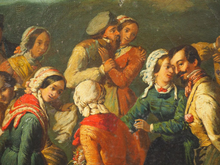 P. SEVERAC  "Bal champêtre" Huile sur toile. Signée en bas à droite et