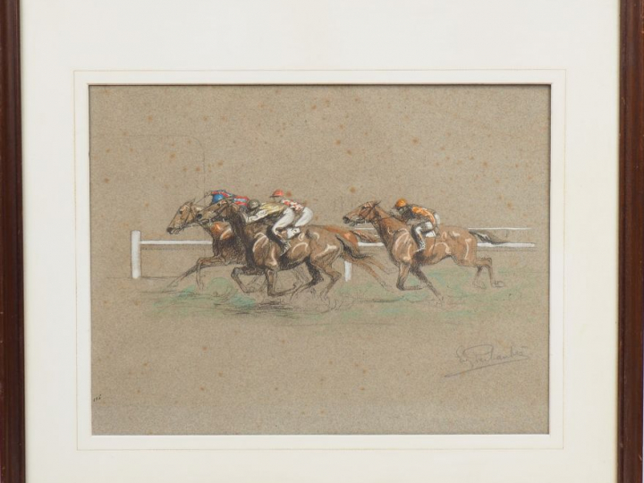 Eugène PECHAUBES  "Course de chevaux" Deux pastels.  Signés en bas à d