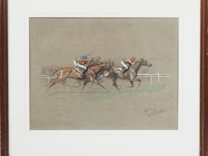 Eugène PECHAUBES  "Course de chevaux" Deux pastels.  Signés en bas à d