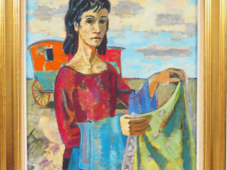 Vente aux enchères Maurice-Georges PONCELET "Femme devant sa roulotte" Huile sur toile.  