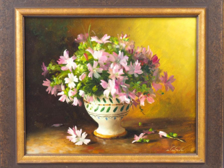 Vente aux enchères Sergei TOUTOUNOV  "Nature morte au bouquet de fleurs" Huile sur isorel