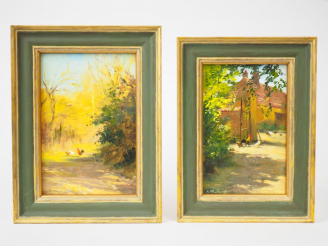 Vente aux enchères SERGEI TOUTOUNOV "Les poules" Paire d'huiles sur isorel. Signées en ba