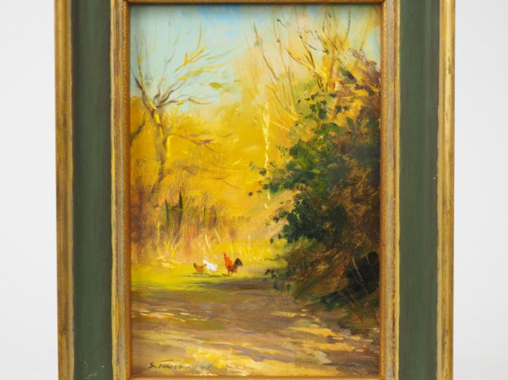 SERGEI TOUTOUNOV "Les poules" Paire d'huiles sur isorel. Signées en ba