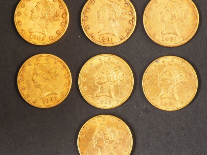 Sept pièces de 10 Dollars or, 1881, 1882, 1891, 1893 (x2), 1895 et 189