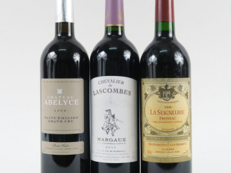 Vente aux enchères 3 BOUTEILLES : 1 CHÂTEAU ABELYCE GC ST ÉMILION 2008 - 1 CHEVALIER DE L