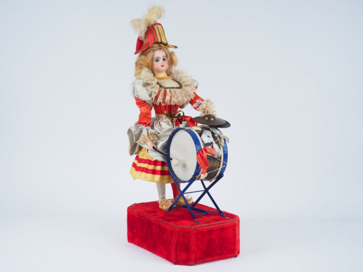 ROULLET DECAMPS.  Automate 'Polichinelle' femme à tête porcelaine Jume