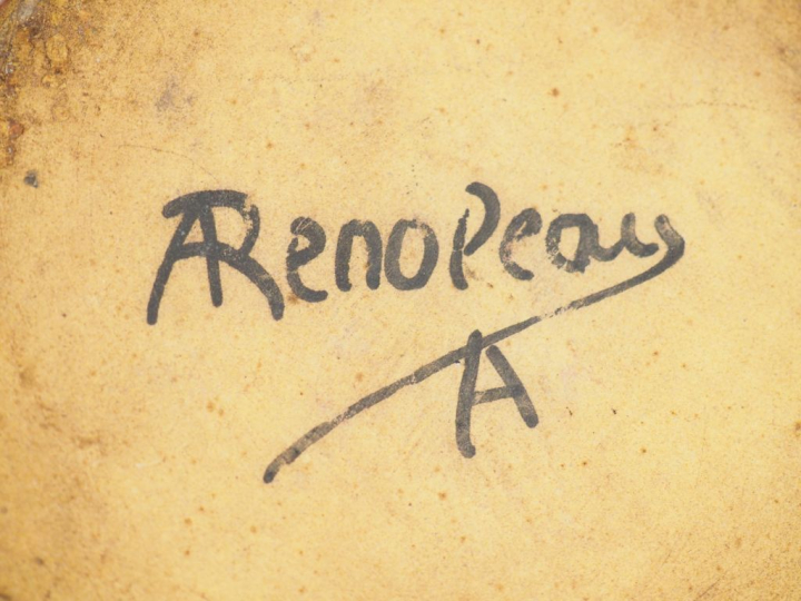 RENOLEAU. Vase boule en céramique tachetée de points blancs sur fond b