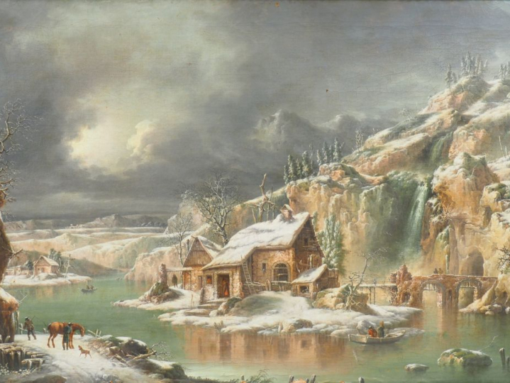 Ecole italienne fin XVIIIème -  début XIXème. 'Paysage de neige'. Huil