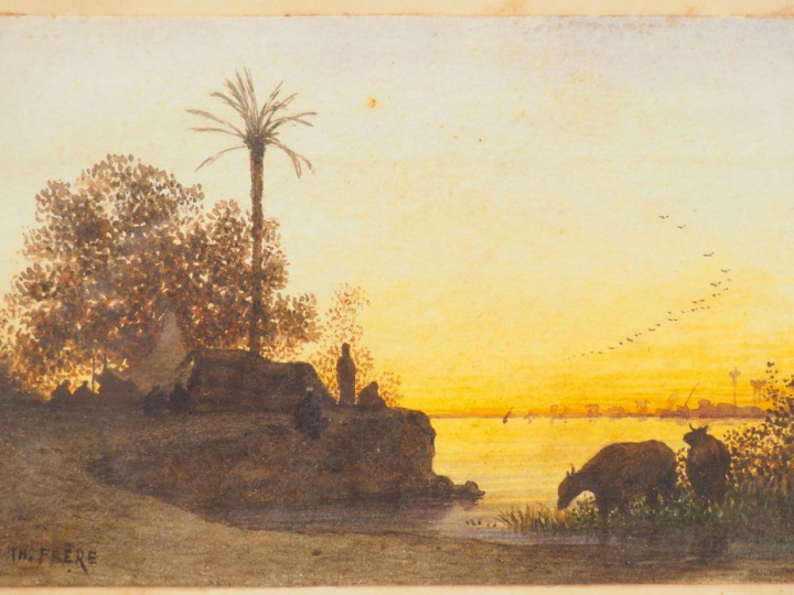 Théodore FRERE. 'Camp de bédouins au bord de la rivière' Aquarelle.  S