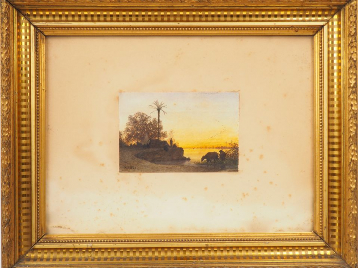 Théodore FRERE. 'Camp de bédouins au bord de la rivière' Aquarelle.  S