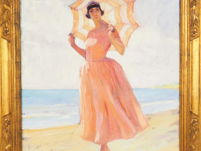 Charley. GARRY. ' Elégante à la robe rose et à l'ombrelle' Huile sur t