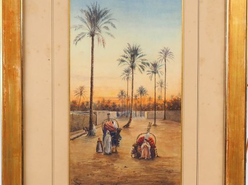 LAGHOUAT. 'Chameliers au crépuscule' Aquarelle. Signée en bas à gauche
