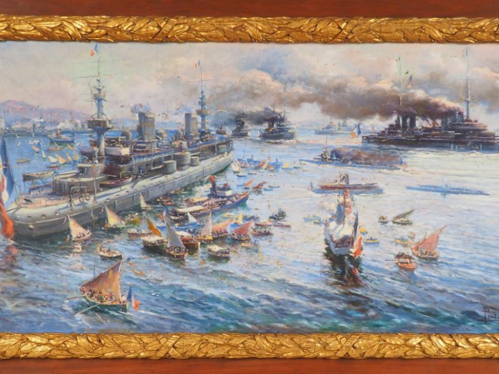 Paul LÉVERÉ. "La flotte française dans la rade de Toulon". Huile sur t