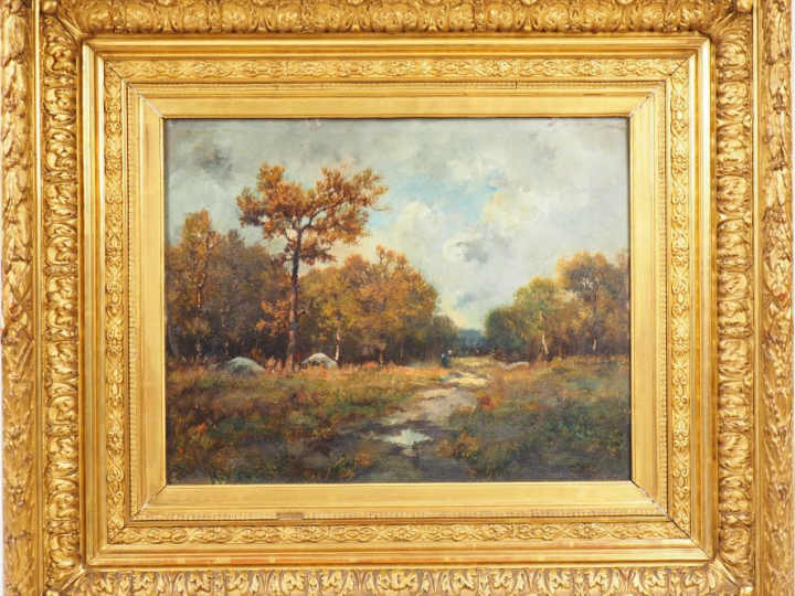 Camille MAGNUS. 'Paysanne cheminant'. Huile sur panneau.  Signée en ba