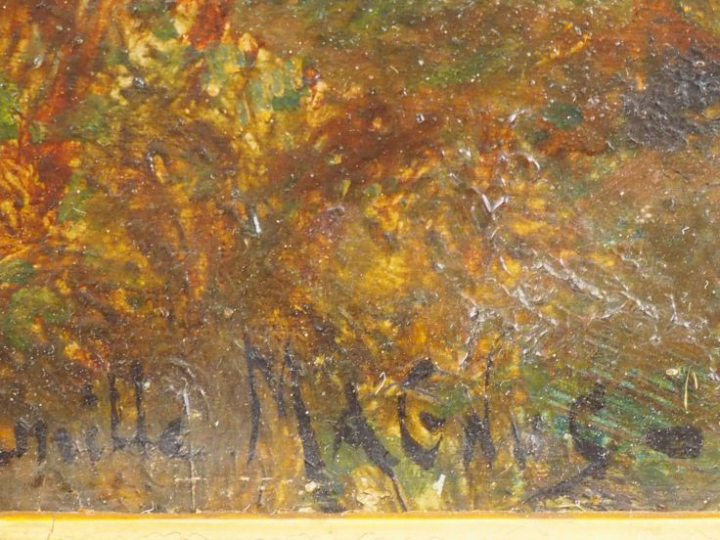 Camille MAGNUS. 'Paysanne cheminant'. Huile sur panneau.  Signée en ba