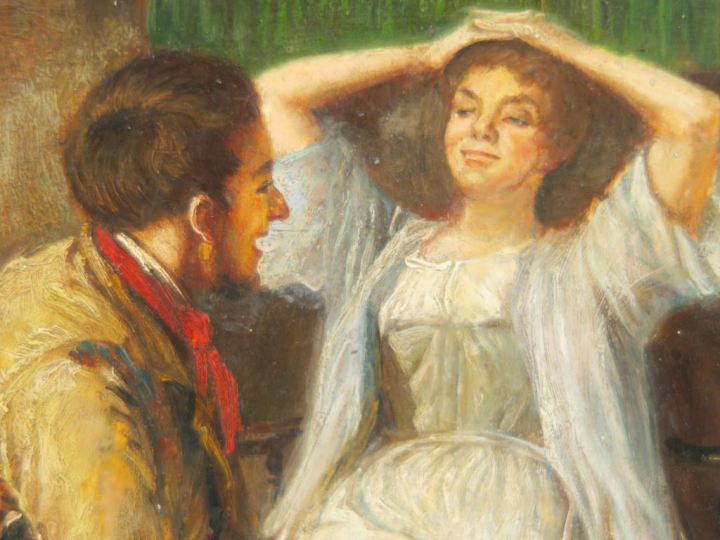 THOMAS.  'Conversation'. Huile sur panneau. Signée en bas à gauche. Di